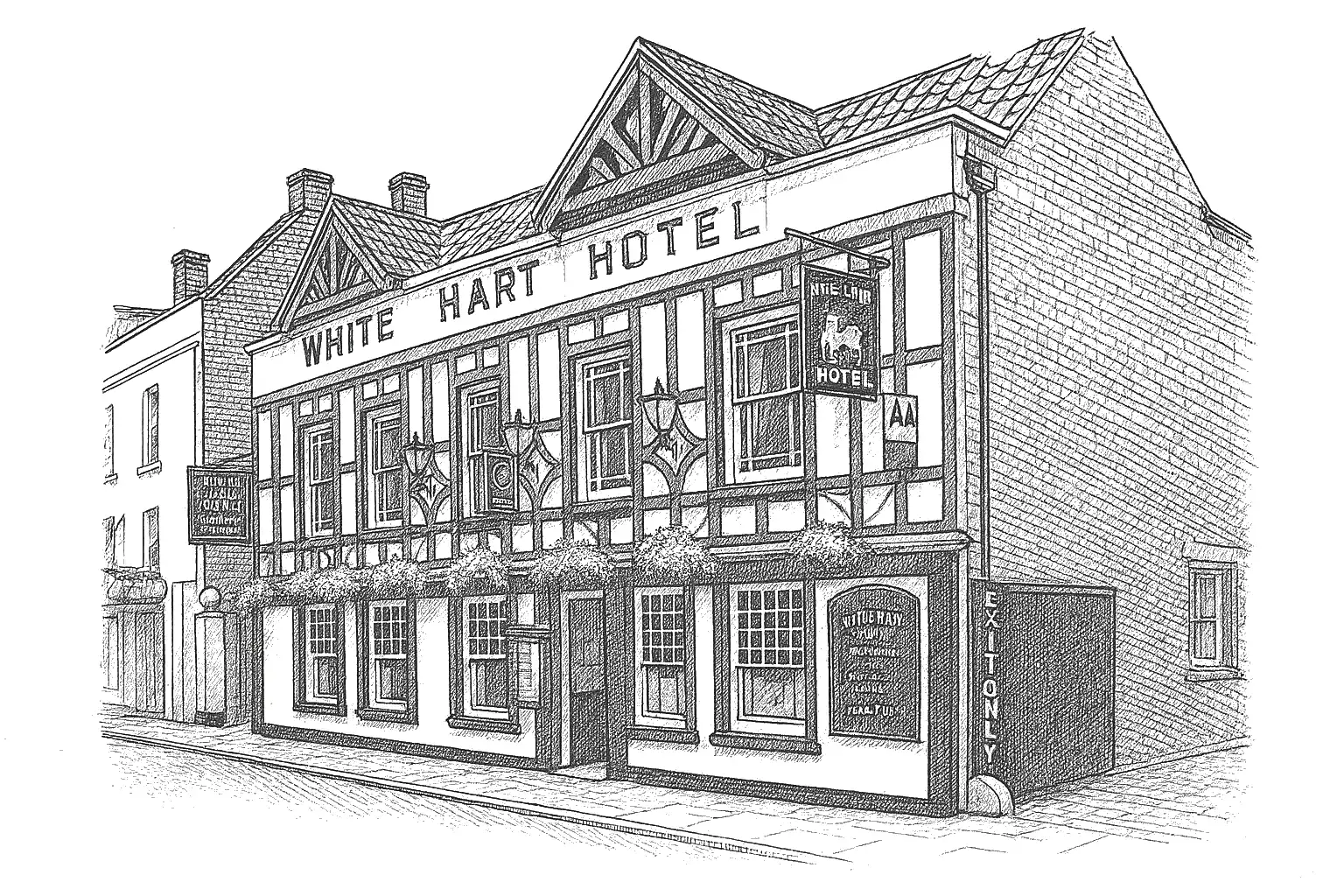 A hand drawn illustration of The White Hart pub and hotel in Wells
